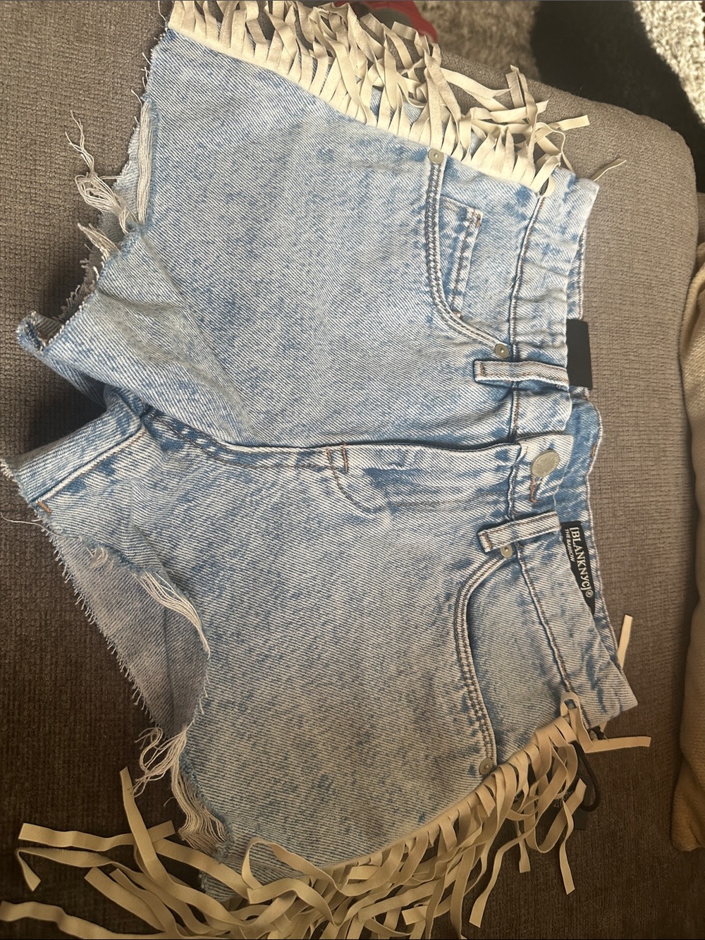 Blank NYC Light Wash Blue Denim Jean Shorts with Fringe